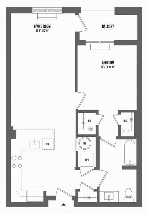 Floor plan for 1 bed, 1 bath, 780 sqft
